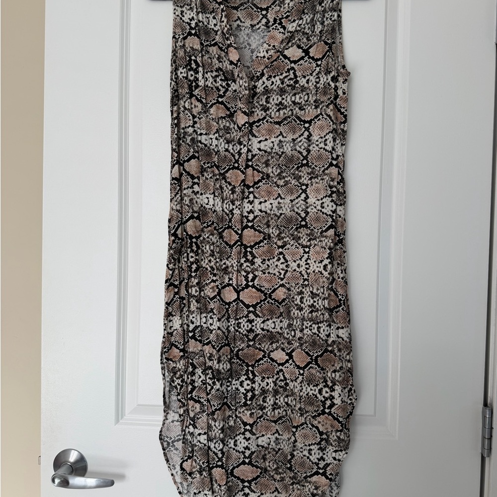 Sleeveless Snake-Print Midi Dress in Beige and Black